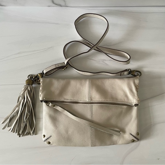 Lucky Brand Real Leather Foldover Option Shoulder Crossbody Bag- Fringe- Ivory - Picture 4 of 10